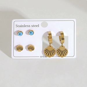 Lot de 3 paires de boucles d'oreilles en acier doré avec pendentifs coquillages et œil