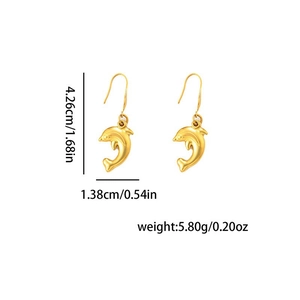 Detailed size specifications for golden dolphin earrings showing height and width details