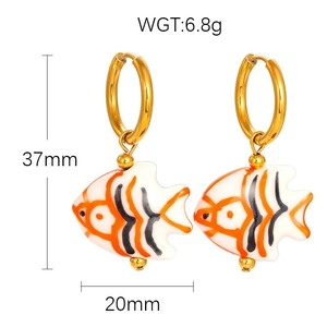 Gold stainless steel hoop earrings with colorful tropical fish charms, 37mm drop length