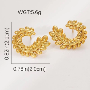 Elegant gold titanium laurel leaf C-shaped stud earrings for women with polished finish