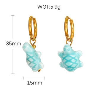 Golden sea turtle earrings with blue ocean drop pendants and green shell texture details