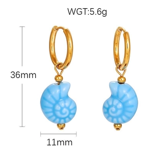 Golden stainless steel hoop earrings with light blue nautilus shell pendants, 36mm height