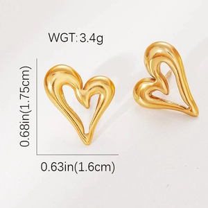 Elegant gold heart stud earrings in stainless steel with double hollow line design