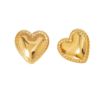 Polished gold stainless steel heart stud earrings with elegant beaded edge texture decoration
