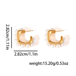 Size details of C-shaped 18K gold plated earrings with white circular pearls inlay