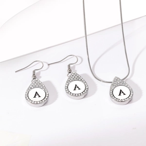 Stainless Steel Initial Letter Necklace And Earrings Waterdrop Pendant Rhinestone Inlaid Jewelry For Women Silver Tone