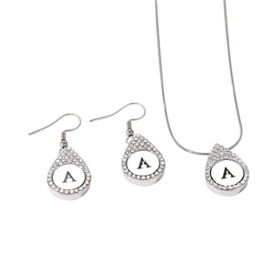 Silver teardrop necklace and earring jewelry set with letter A and inlaid rhinestones