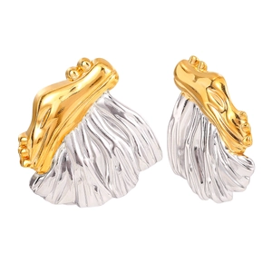 Retro leaf stud earrings in dual-tone gold and silver plated stainless steel design
