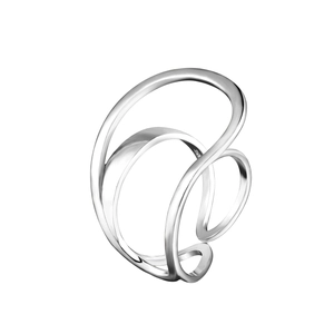 Anillo abierto irregular hueco de plata con diseño minimalista de líneas curvas 3D