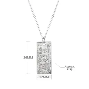 Detailed macro view of 100 dollar bill silver pendant necklace measuring 26mm by 12mm