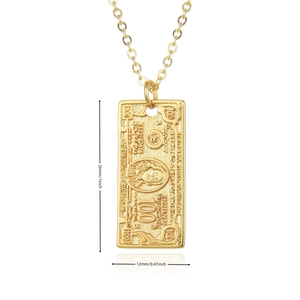 Golden hip hop necklace with 100 dollar bill pendant showing detailed engraving