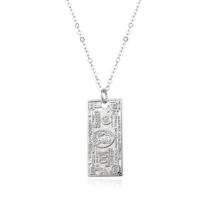 Silver 100 dollar bill pendant necklace with hip hop style chain on white background
