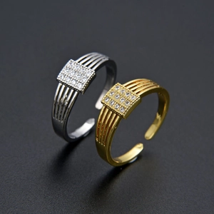 Anello Regolabile Aperto Quadrato Zircone CZ Retrò Minimalista Donna Rame Placcato Oro Argento Linee Parallele Geometriche Gioielli