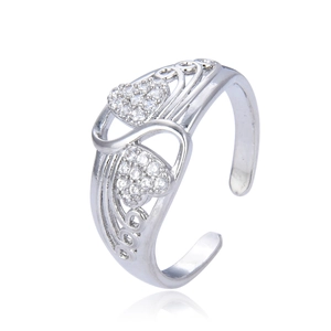 Luxurious adjustable silver open ring featuring double heart-shaped cubic zirconia butterfly wings
