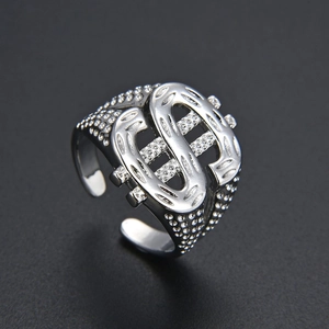 Men's hip hop silver open ring with dollar sign and micro-pave crystals