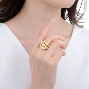 Gold plated hip hop dollar sign ring with textured wide band for street style fashion