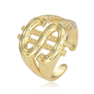 Macro detail of gold dollar sign ring with intricate granulated beadwork on a white base