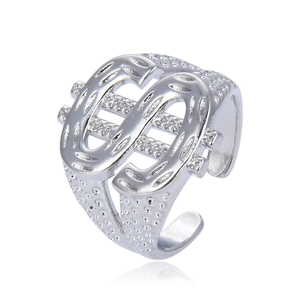 Adjustable silver dollar sign ring with polished finish and punk hip-hop style design
