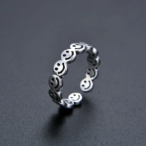 Vintage Copper Smile Face Open Ring Adjustable Unisex Thai Silver Style Hip Hop Personalized Smiley Band Finger Ring Jewelry