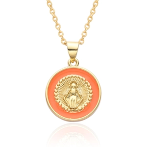 Collier religieux avec pendentif Vierge Marie en or et émail orange avec relief