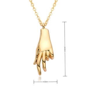 Detail view of gold hand gesture pendant necklace showing measurements 26.8mm by 9.5mm