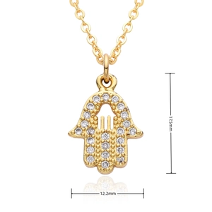 Detailed view of gold Hamsa hand pendant with white zircon stones and 17.5mm size info