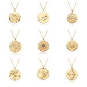 Gold Plated Copper Pendant Necklace Zirconia Cupid Heart Sun Mother Child Twelve Zodiac Coins For Women Jewelry Gift