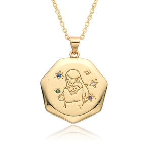 Golden hexagonal mother and child necklace with colorful crystals and star motifs