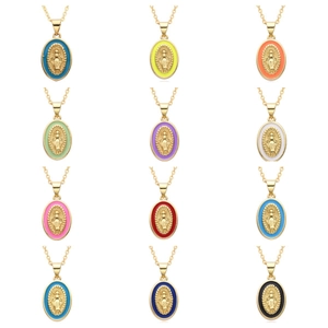 Collana con Ciondolo Vergine Maria in Rame Religiosa Vintage Placcata Oro Smalto Ovale Madre Maria Gioielli Cattolici per Donna