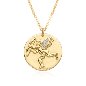 Cupid arrow round pendant necklace with rhinestones and gold-plated link chain