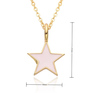 Detail view of a 21mm pink enamel star pendant on a delicate gold chain necklace