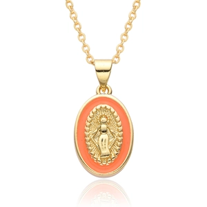 Collana religiosa Vergine Maria con ciondolo ovale dorato e smalto arancione vivace