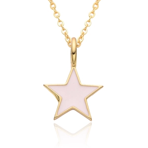 Fashionable pink enamel star pendant necklace with gold chain and elegant mirror reflection