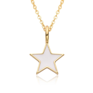 Detailed view of a gold pentagram necklace with white enamel inlay and polished finish