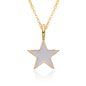 Macro detail of golden star pendant with white enamel inlay and thin cable chain