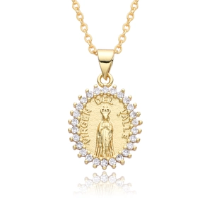 Collana religiosa con ciondolo ovale Vergine Maria dorata e intarsio di zirconi brillanti