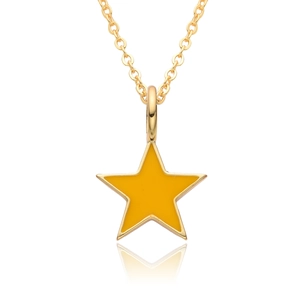 Fashionable gold chain necklace with a bright yellow enamel star pendant on white background
