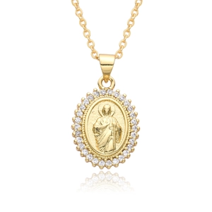 Collana con medaglia ovale della Vergine Maria in oro con zirconi e rilievo