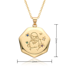 Detailed size view of golden hexagonal pendant with mother and child motif and colored gems