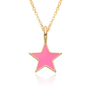 Fashion gold necklace with a pink enamel star pendant for women on a white background