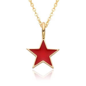 Detailed view of a gold pentagram necklace featuring a vibrant red enamel star pendant