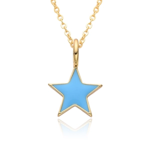 Detailed macro view of the sky blue enamel star pendant on a fine golden chain necklace