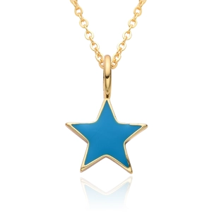 Macro shot of gold star necklace with vibrant blue enamel inlay and polished finish
