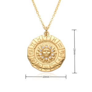Detail of 23mm golden sun pendant with zodiac signs and sparkling zircon stones