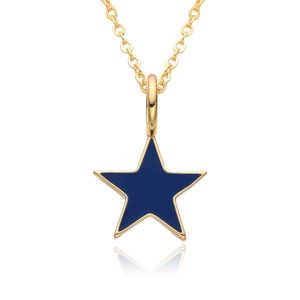 Detailed view of a gold star pendant with deep blue enamel inlay on a classic chain