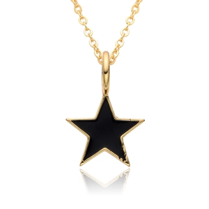 Detailed view of black enamel star pendant with gold-plated edges on a thin chain