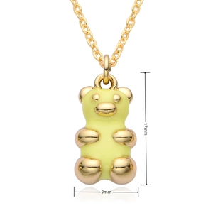 Detail showing a 17mm gold teddy bear pendant with yellow drip oil finish and clear measurements