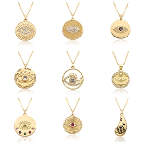 Evil Eye Pendant Necklace For Women Copper Gold Plated Geometric Round Disc Micro Inlaid Zirconia Protection Amulet Jewelry Gift