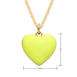 Detailed view of a 15mm by 16mm heart pendant necklace with neon green enamel finish