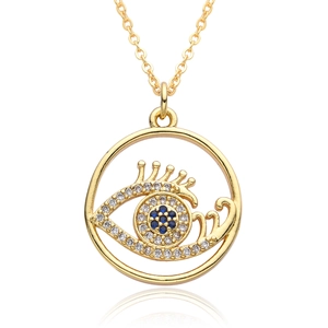 Gold plated evil eye disc pendant necklace with cubic zirconia micro-inlays for women